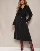 lily rose Rochie Neagră Evazată cu croială tip cămașă cu nasturi legată în talie Kortiana