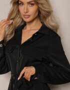 lily rose Rochie Neagră Evazată cu croială tip cămașă cu nasturi legată în talie Kortiana