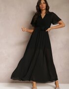lily rose Rochie Neagră Plisată cu Decolteu Petrecut și Elastic în Talie Dimitris