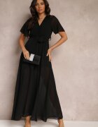 lily rose Rochie Neagră Plisată cu Decolteu Petrecut și Elastic în Talie Dimitris