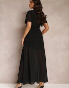lily rose Rochie Neagră Plisată cu Decolteu Petrecut și Elastic în Talie Dimitris