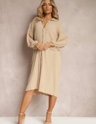 lily rose Rochie Plisată Bej Midi cu Guler și Nasturi Danitza