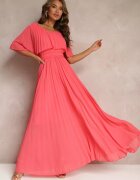 lily rose Rochie Plisată Roz cu Elastic în Talie cu Volan la Decolteu Drenia