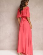 lily rose Rochie Plisată Roz cu Elastic în Talie cu Volan la Decolteu Drenia