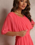 lily rose Rochie Plisată Roz cu Elastic în Talie cu Volan la Decolteu Drenia