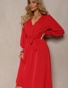 lily rose Rochie Roșie cu Mâneci Bufante și Curea Legată Corrine