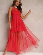 lily rose Rochie Roșie Maxi evazată cu tul lung și strasuri decorative Amorah