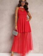 lily rose Rochie Roșie Maxi evazată cu tul lung și strasuri decorative Amorah