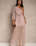 lily rose Rochie Roz Asimetrică cu Cusături Metalice și Curea Legată Arhellia