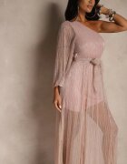 lily rose Rochie Roz Asimetrică cu Cusături Metalice și Curea Legată Arhellia