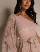 lily rose Rochie Roz Asimetrică cu Cusături Metalice și Curea Legată Arhellia