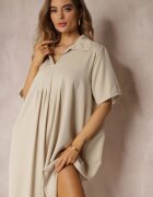 lily rose Rochie vaporoasă evazată bej deschis cu guler și pliuri Pedrisa