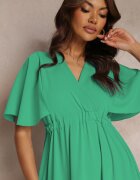 lily rose Rochie verde cu elastic în talie cu mânecă scurtă și decolteu petrecut Kelila