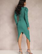 lily rose Rochie Verde Petrecută cu Drapaj și Mâneci Bufante Midi Dongo