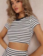 lily rose Tricou Alb-Bleu Marin din vâscoză în dungi cu mânecă scurtă și decolteu rotund Niobela