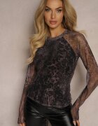 lovery Bluză Gri cu Material Transparent cu Căptușeală Semiaura