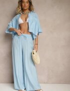 lovery Compleu Albastru din Viscoză Croială oversize Cămașă și Pantaloni Dovaraella