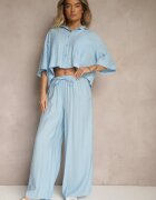 lovery Compleu Albastru din Viscoză Croială oversize Cămașă și Pantaloni Dovaraella