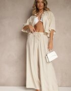 lovery Compleu Bej din Vâscoză cu Croială Oversize Cămașă și Pantaloni Dovaraella