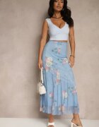 lovery Fustă Albastru deschis cu Imprimeu Floral cu Croială Cloș Efrirene