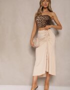 lovery Fustă bej cu viscoză High Waist cu încrețituri și legătură Tesainea