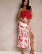 lovery Fustă Fucsia plisată florală decorată cu o fantă laterală pe picior
