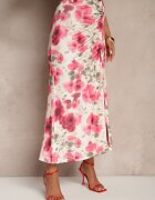 lovery Fustă Fucsia plisată florală decorată cu o fantă laterală pe picior