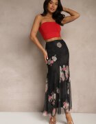 lovery Fustă Neagră cu Model Floral cu Croi Evazat Efrirene