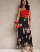 lovery Fustă Neagră cu Model Floral cu Croi Evazat Efrirene