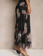 lovery Fustă Neagră cu Model Floral cu Croi Evazat Efrirene