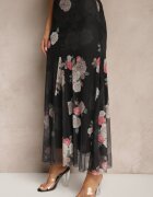 lovery Fustă Neagră cu Model Floral cu Croi Evazat Efrirene