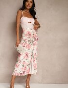 lovery Fustă Roză Încrețită Florală Decorată Cu Despicătură Pe Picior Ateralene