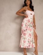 lovery Fustă Roză Încrețită Florală Decorată Cu Despicătură Pe Picior Ateralene