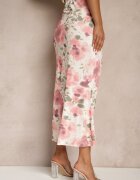 lovery Fustă Roză Încrețită Florală Decorată Cu Despicătură Pe Picior Ateralene