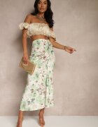 lovery Fustă Verde Încrețită Florală Decorată cu Despicătură pe Picior