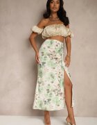lovery Fustă Verde Încrețită Florală Decorată cu Despicătură pe Picior