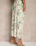 lovery Fustă Verde Încrețită Florală Decorată cu Despicătură pe Picior