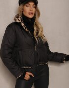 lovery Geacă Puffer Neagră Matlasată Reversibilă cu Blană cu Imprimeu Leopard Tinnathra