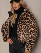 lovery Geacă Puffer Neagră Matlasată Reversibilă cu Blană cu Imprimeu Leopard Tinnathra