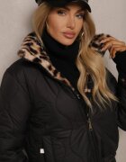 lovery Geacă Puffer Neagră Matlasată Reversibilă cu Blană cu Imprimeu Leopard Tinnathra