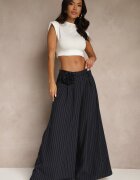 lovery Pantaloni bleumarin Palazzo cu talie înaltă decorați cu broșă floare Folassea