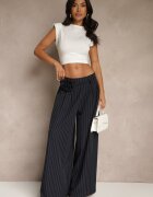lovery Pantaloni bleumarin Palazzo cu talie înaltă decorați cu broșă floare Folassea