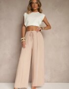lovery Pantaloni Largi Roz pal cu talie înaltă și elastic în talie din in