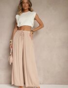 lovery Pantaloni Largi Roz pal cu talie înaltă și elastic în talie din in