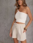 lovery Pantaloni scurți bej cu croială lejeră High Waist cu elastic în talie Vimallora