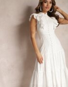 lovery Rochie ajurată albă cu guler înalt decorată cu perle și volane Primessa