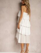 lovery Rochie Albă cu broșă florală finisată cu volane și legătură la gât Tinashell