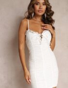 lovery Rochie Albă Înrcrețită Mini cu Decolteu Decorativ din Tricot Reiat Cotti