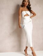 lovery Rochie Albă Midi cu legătură și decupaj decorată cu flori Zanephone