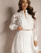 lovery Rochie Albă tip cămașă Mini cu curea Decorată cu dantelă organdi